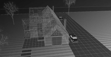 Bir ev 3D illüstrasyonunun mimari taslağı