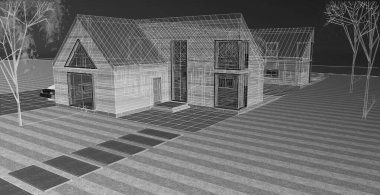 Bir ev 3D illüstrasyonunun mimari taslağı