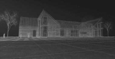 Bir ev 3D illüstrasyonunun mimari taslağı