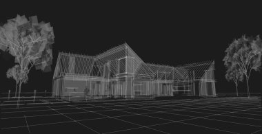 Bir ev 3D illüstrasyonunun mimari taslağı