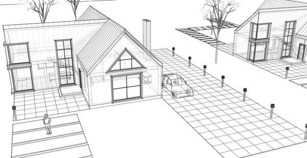住宅建筑平房3D插图 — 图库照片