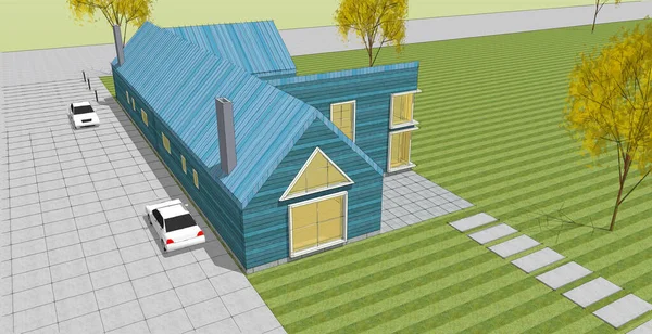 住宅建筑平房3D插图 — 图库照片