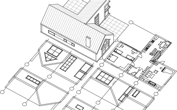 Haus Architektonische Projekt Skizze Illustration — Stockvektor
