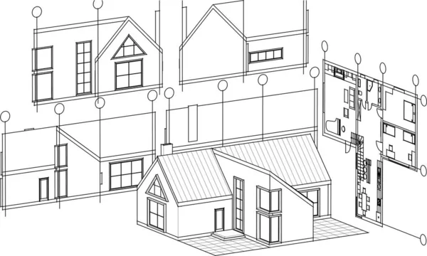 Hus Arkitektur Projekt Skiss Illustration — Stock vektor