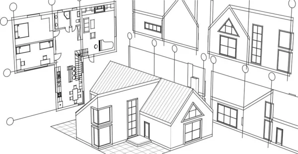 Haus Architektonische Projekt Skizze Illustration — Stockvektor