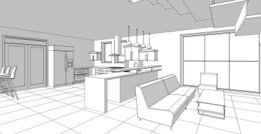 İç mutfak oturma odası 3D görüntü