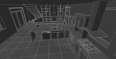 İç mutfak oturma odası 3D görüntü