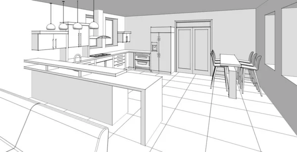 Interior Kitchen Living Room Illustration — Stock Photo, Image