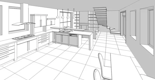 Cozinha Interior Sala Estar Ilustração — Fotografia de Stock