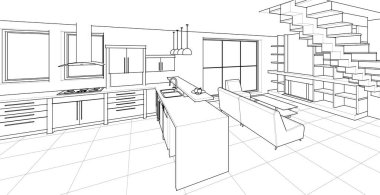 İç mutfak oturma odası 3D görüntü