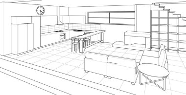 İç mutfak oturma odası 3D görüntü