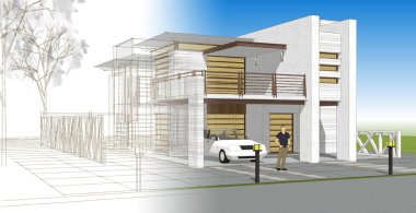 ev mimarisi çizimi 3d illüstrasyon