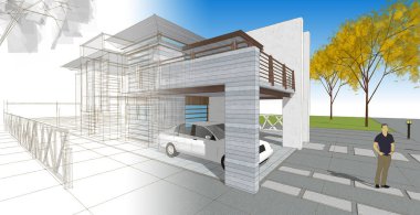 ev mimarisi çizimi 3d illüstrasyon