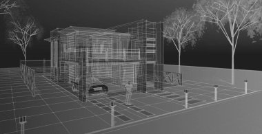 ev mimarisi çizimi 3d illüstrasyon