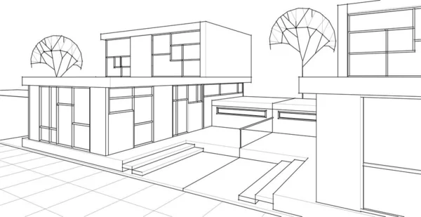 家の建物の建築スケッチ3Dイラスト — ストックベクタ