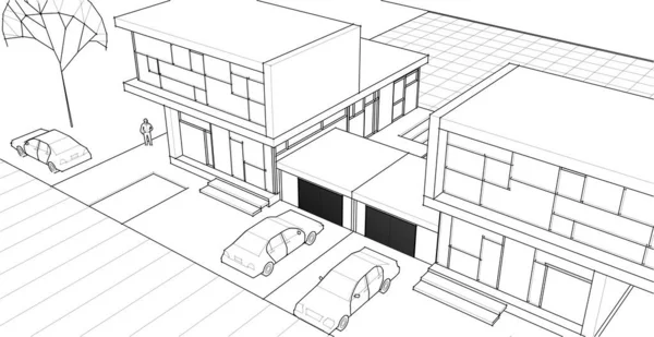 Hus Byggnad Arkitektonisk Skiss Illustration — Stock vektor