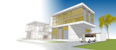 Modern ofis binası çizimi 3D illüstrasyon