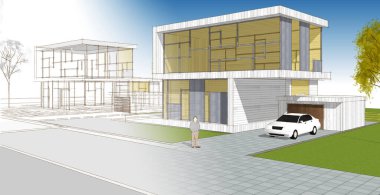 Modern ofis binası çizimi 3D illüstrasyon