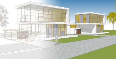 Modern ofis binası çizimi 3D illüstrasyon