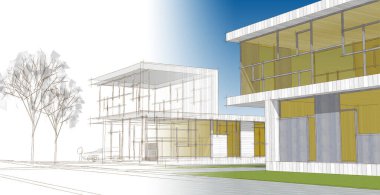 Modern ofis binası çizimi 3D illüstrasyon