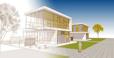 Modern ofis binası çizimi 3D illüstrasyon