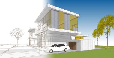 Modern ofis binası çizimi 3D illüstrasyon