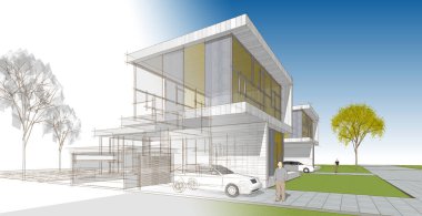 Modern ofis binası çizimi 3D illüstrasyon