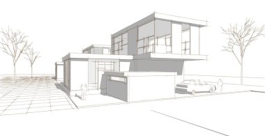 Modern ofis binası çizimi 3D illüstrasyon