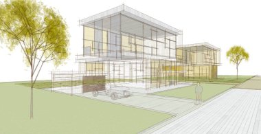 Modern ofis binası çizimi 3D illüstrasyon