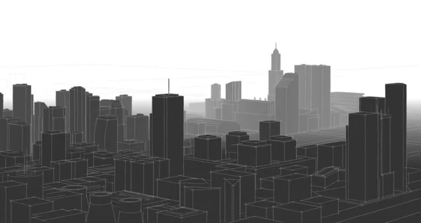 Panorama Cidade Com Arranha Céus Renderização — Fotografia de Stock