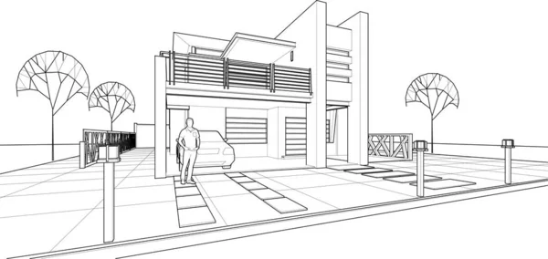 家の建物のスケッチ3Dイラスト — ストックベクタ