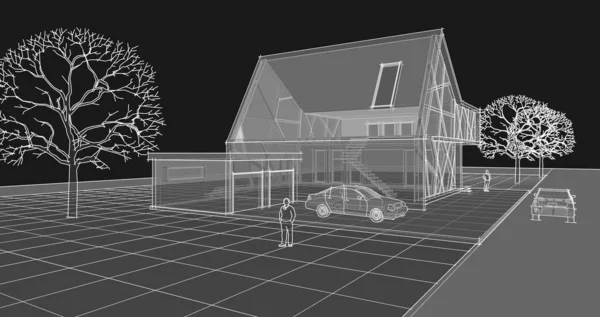 現代住宅建築3Dレンダリング — ストック写真