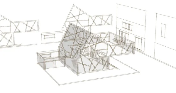 现代住宅建筑3D渲染 — 图库照片