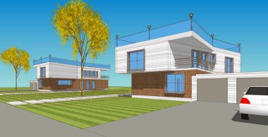 Modern ev mimarisi. 3d illüstrasyon