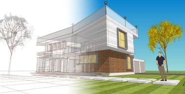 Modern ev mimarisi. 3d illüstrasyon