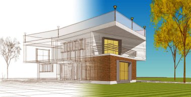 Modern ev mimarisi. 3d illüstrasyon