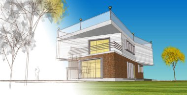 Modern ev mimarisi. 3d illüstrasyon