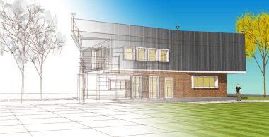 Modern ev mimarisi. 3d illüstrasyon