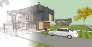 Modern ev mimarisi. 3d illüstrasyon