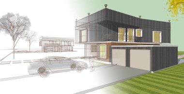 Modern ev mimarisi. 3d illüstrasyon