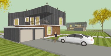 Modern ev mimarisi. 3d illüstrasyon