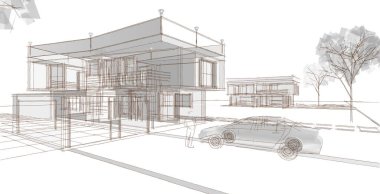 Modern ev mimarisi. 3d illüstrasyon