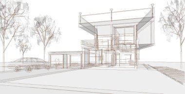 Modern ev mimarisi. 3d illüstrasyon