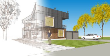 Modern ev mimarisi. 3d illüstrasyon