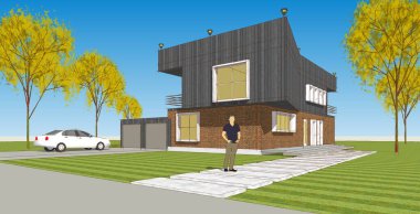 Modern ev mimarisi. 3d illüstrasyon