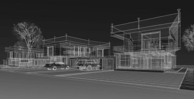 Modern ev mimarisi. 3d illüstrasyon