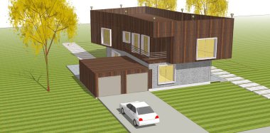 Modern ev mimarisi. 3d illüstrasyon