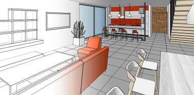 Evin içi. Robot resim. 3d oluşturma