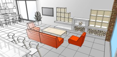 Evin içi. Robot resim. 3d oluşturma