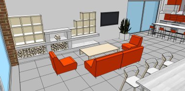 Evin içi. Robot resim. 3d oluşturma